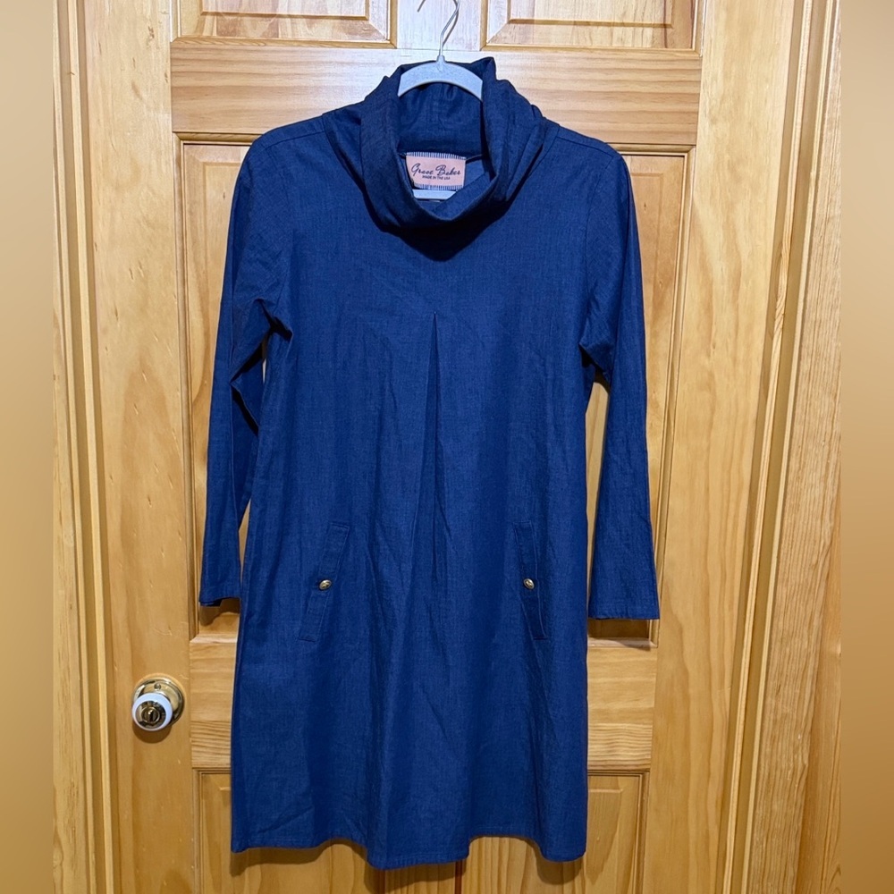 Grace Baker Made in USA Blue Lightweight Cowl Neck With Faux Pockets Dress